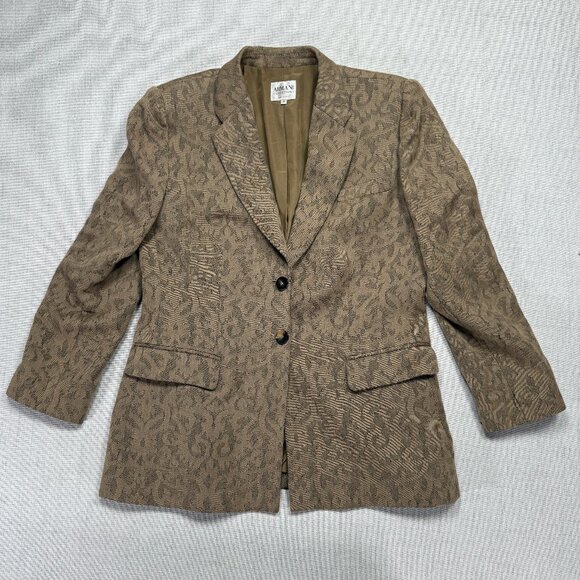 Vintage Armani Collezioni Blazer Tailored Jacquard Brown Two Button Jacket 12 - Picture 1 of 13